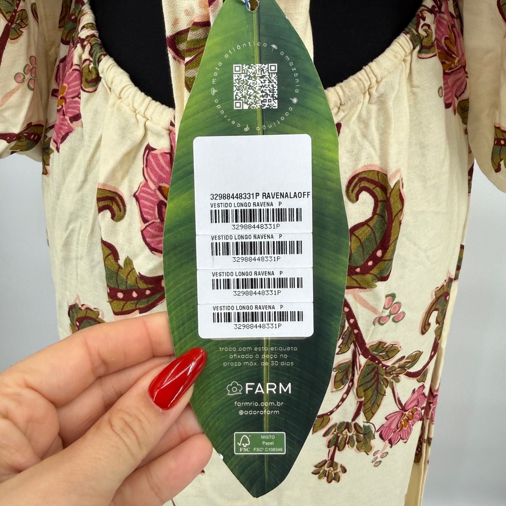 Farm Rio Tropical Floral Palm Tree Puff Sleeve Maxi Dress Cream Pink Green Small - Picture 12 of 16